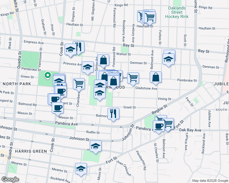 map of restaurants, bars, coffee shops, grocery stores, and more near in Victoria