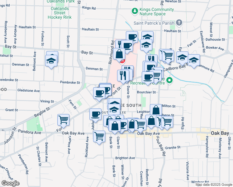 map of restaurants, bars, coffee shops, grocery stores, and more near 1855 Fort Street in Victoria