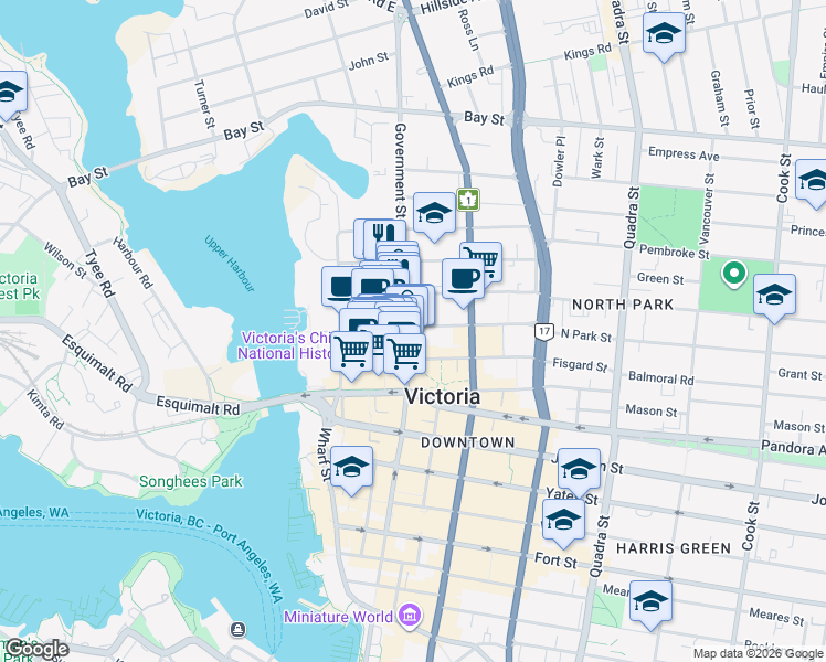 map of restaurants, bars, coffee shops, grocery stores, and more near 1717 Government Street in Victoria
