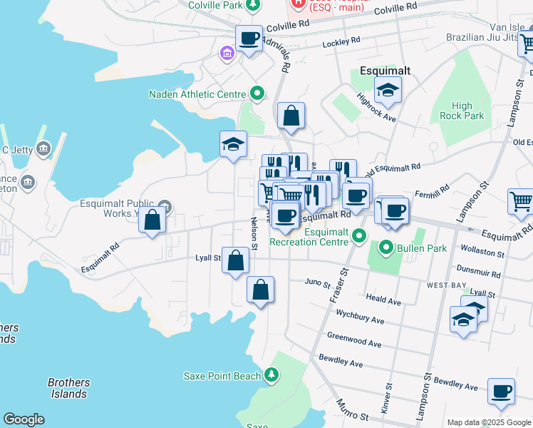 map of restaurants, bars, coffee shops, grocery stores, and more near 1328 Miles Street in Victoria