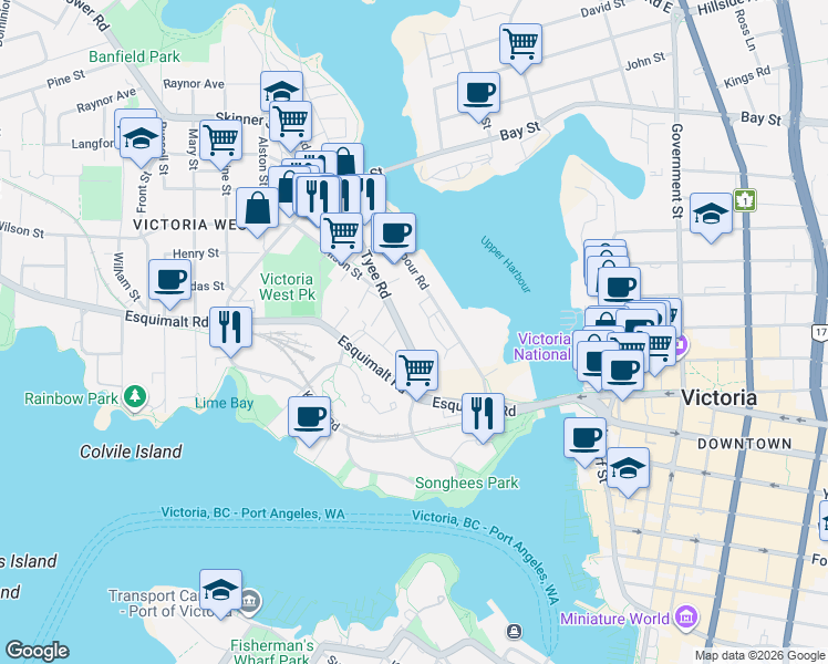 map of restaurants, bars, coffee shops, grocery stores, and more near in Victoria