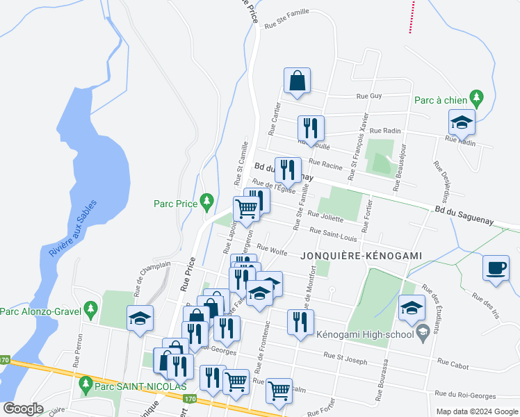 map of restaurants, bars, coffee shops, grocery stores, and more near 1859 Rue Bergeron in Saguenay
