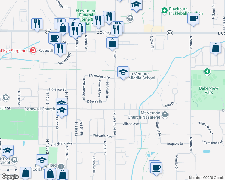map of restaurants, bars, coffee shops, grocery stores, and more near 1101 North Laventure Road in Mount Vernon