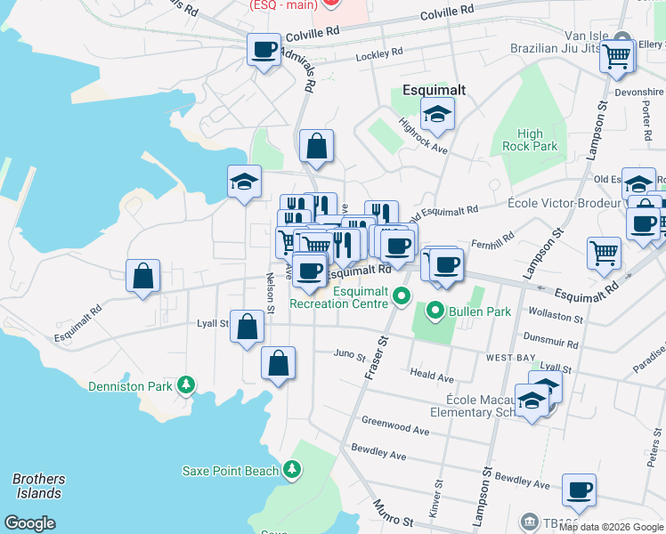 map of restaurants, bars, coffee shops, grocery stores, and more near 1250 Esquimalt Road in Victoria