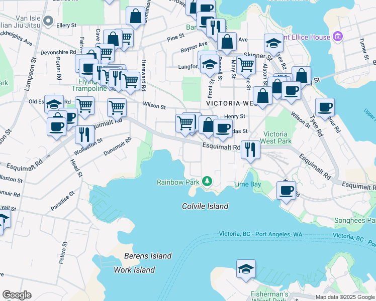 map of restaurants, bars, coffee shops, grocery stores, and more near 327 Maitland Street in Victoria