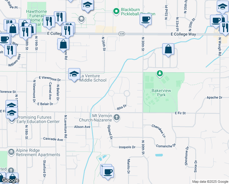 map of restaurants, bars, coffee shops, grocery stores, and more near 2725 East Fir Street in Mount Vernon