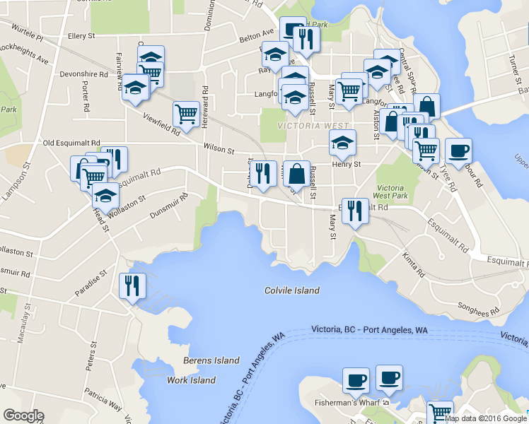map of restaurants, bars, coffee shops, grocery stores, and more near 327 Maitland Street in Victoria