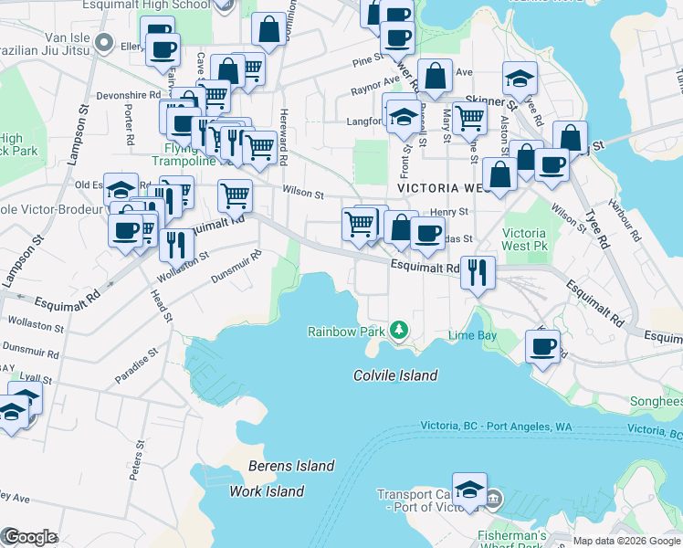 map of restaurants, bars, coffee shops, grocery stores, and more near 707 Esquimalt Road in Victoria