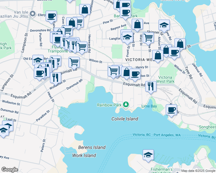 map of restaurants, bars, coffee shops, grocery stores, and more near 701 Esquimalt Road in Victoria