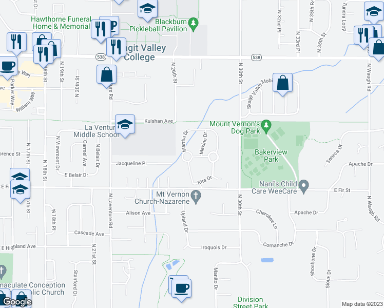 map of restaurants, bars, coffee shops, grocery stores, and more near 2725 East Fir Street in Mount Vernon