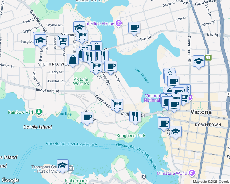 map of restaurants, bars, coffee shops, grocery stores, and more near in Victoria