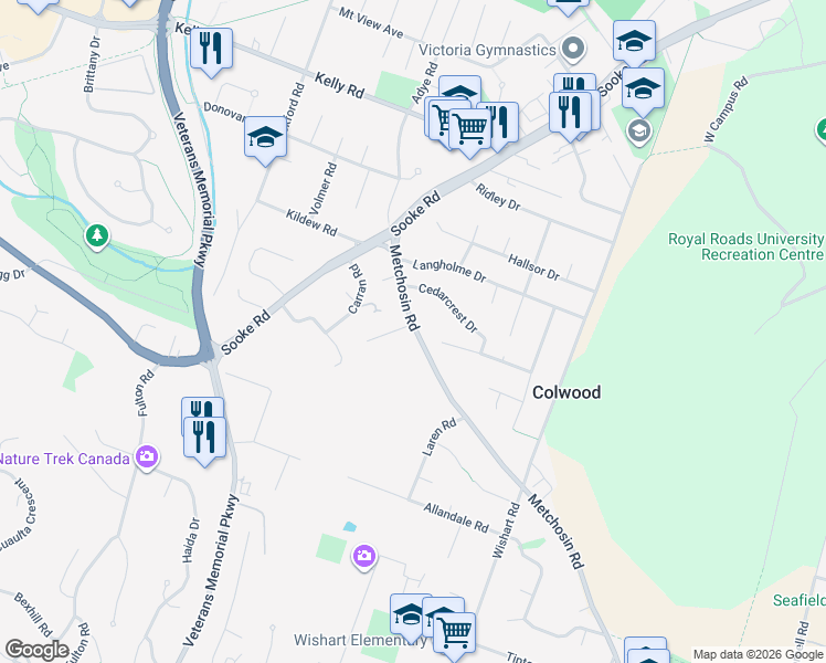 map of restaurants, bars, coffee shops, grocery stores, and more near 3132 Metchosin Road in Victoria