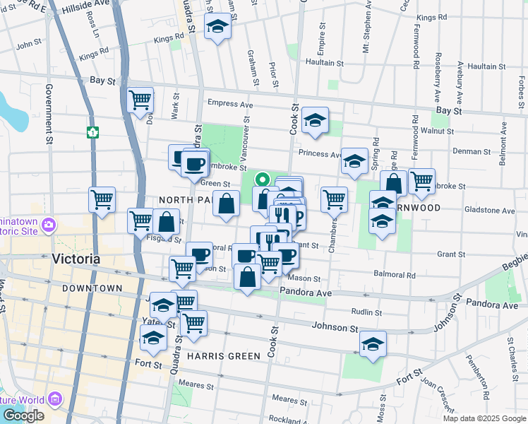 map of restaurants, bars, coffee shops, grocery stores, and more near 1027 Caledonia Avenue in Victoria