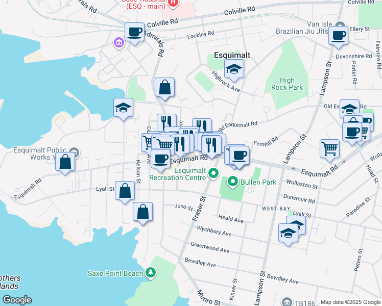 map of restaurants, bars, coffee shops, grocery stores, and more near in Victoria