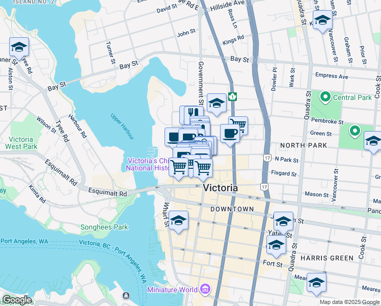 map of restaurants, bars, coffee shops, grocery stores, and more near 1717 Government Street in Victoria