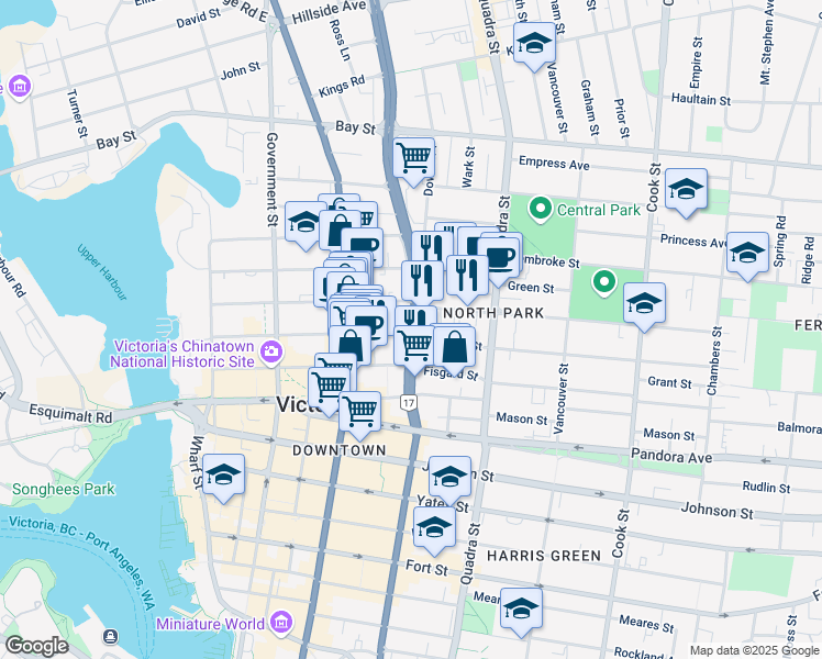 map of restaurants, bars, coffee shops, grocery stores, and more near Blanshard St & Herald St in Victoria