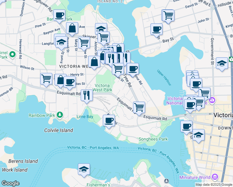 map of restaurants, bars, coffee shops, grocery stores, and more near 222 Esquimalt Road in Victoria