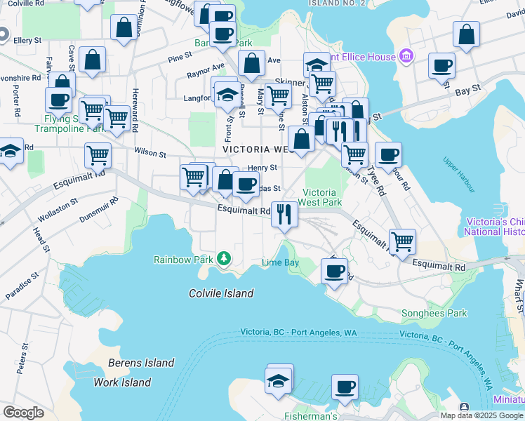 map of restaurants, bars, coffee shops, grocery stores, and more near Esquimalt Rd & Mary St in Victoria