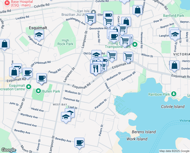 map of restaurants, bars, coffee shops, grocery stores, and more near 900 Carlton Terrace in Victoria
