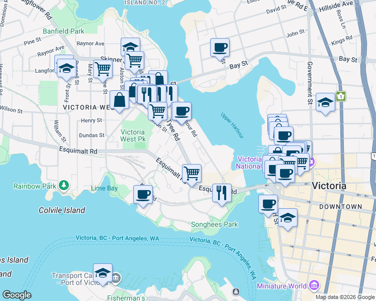 map of restaurants, bars, coffee shops, grocery stores, and more near in Victoria