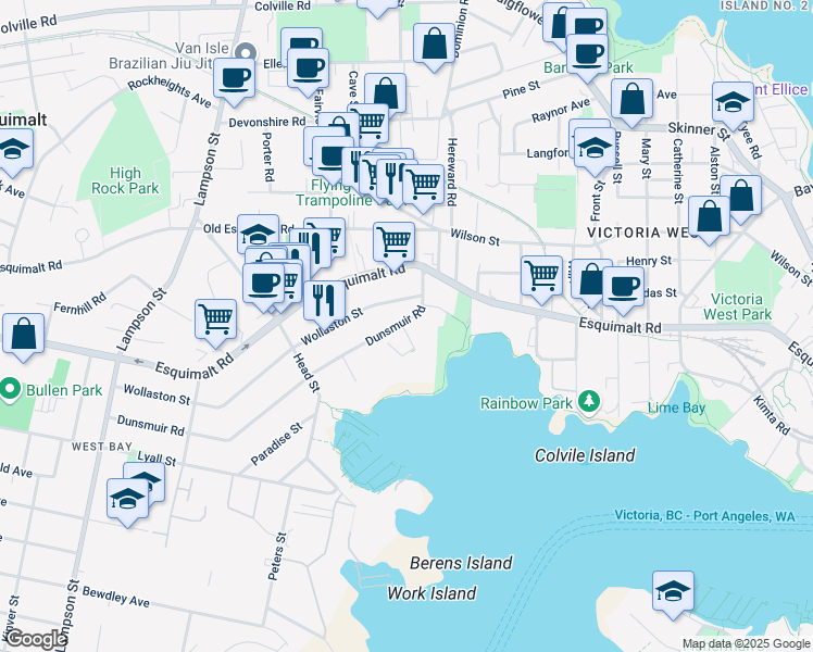map of restaurants, bars, coffee shops, grocery stores, and more near 835 Dunsmuir Road in Victoria