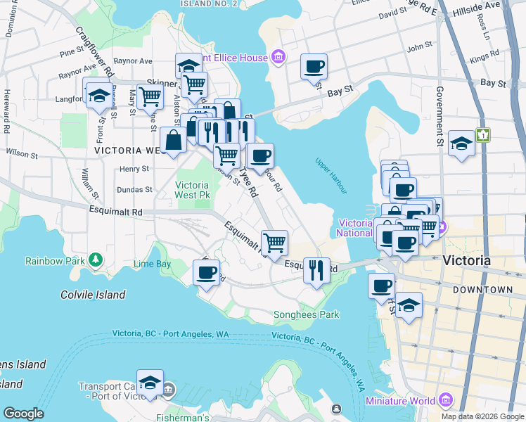 map of restaurants, bars, coffee shops, grocery stores, and more near in Victoria