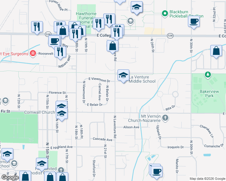 map of restaurants, bars, coffee shops, grocery stores, and more near 1101 North Laventure Road in Mount Vernon
