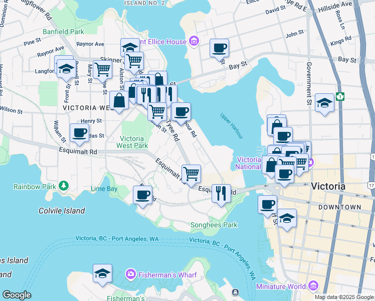 map of restaurants, bars, coffee shops, grocery stores, and more near 369 Tyee Road in Victoria