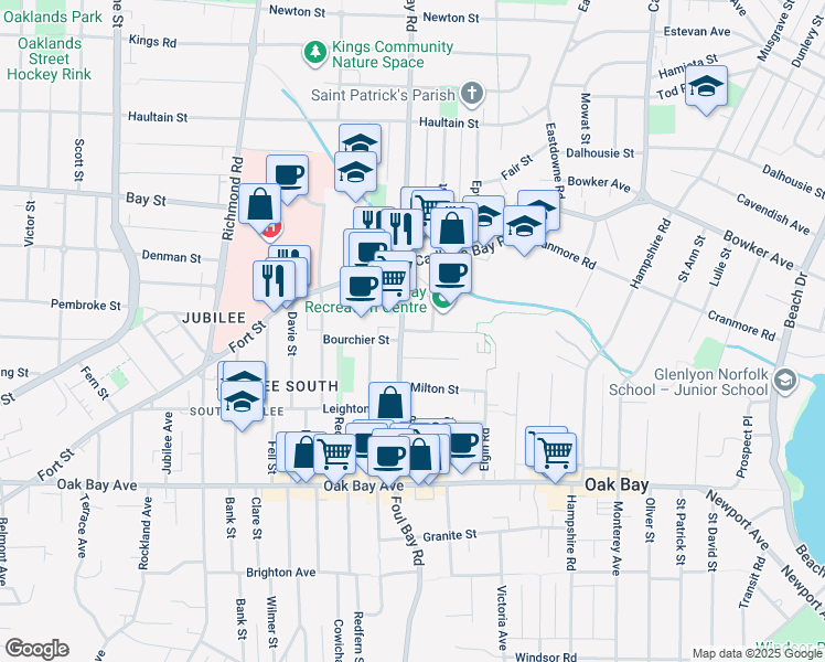 map of restaurants, bars, coffee shops, grocery stores, and more near Goldsmith Street in Victoria