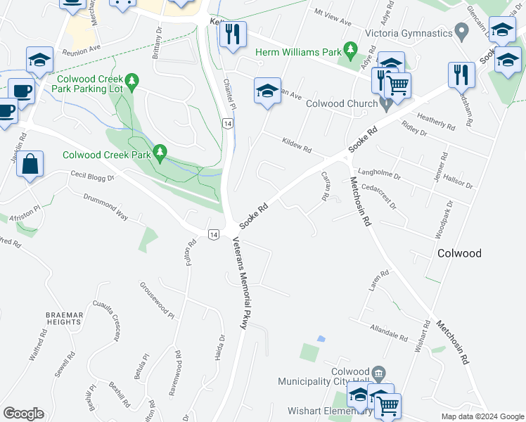 map of restaurants, bars, coffee shops, grocery stores, and more near 2341b Sooke Road in Victoria