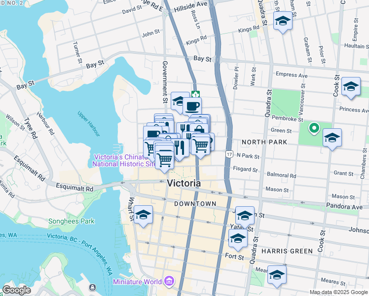 map of restaurants, bars, coffee shops, grocery stores, and more near 648 Herald Street in Victoria