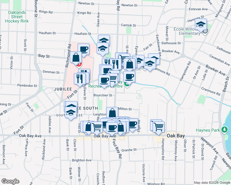 map of restaurants, bars, coffee shops, grocery stores, and more near Goldsmith Street in Victoria