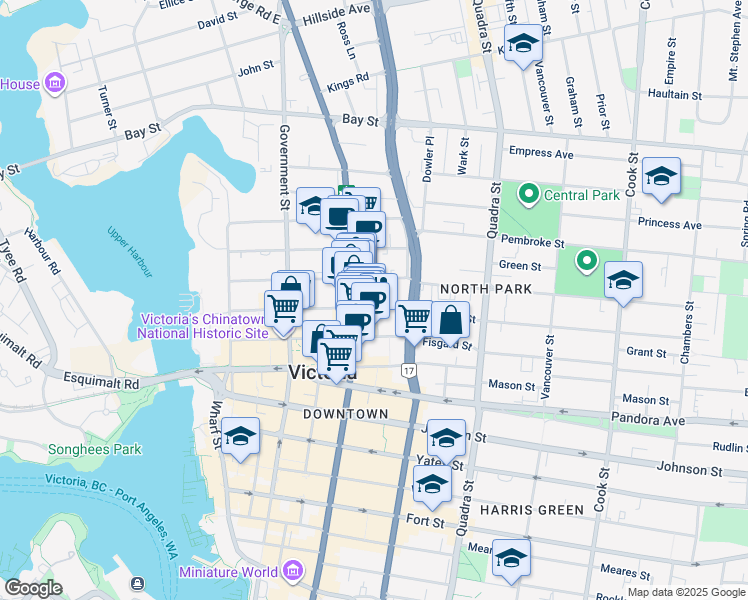 map of restaurants, bars, coffee shops, grocery stores, and more near 1810 Blanshard Street in Victoria