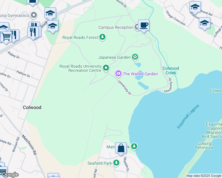 map of restaurants, bars, coffee shops, grocery stores, and more near Cottonwood Lane in Colwood