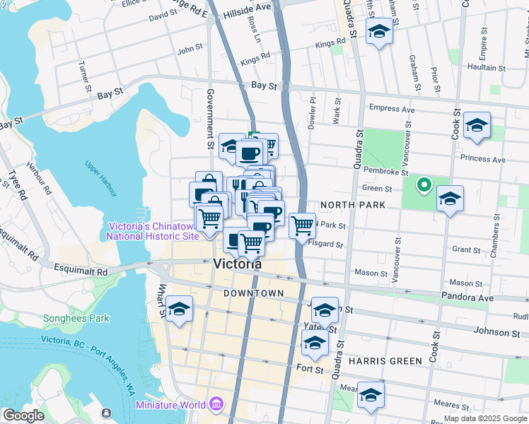 map of restaurants, bars, coffee shops, grocery stores, and more near in Victoria
