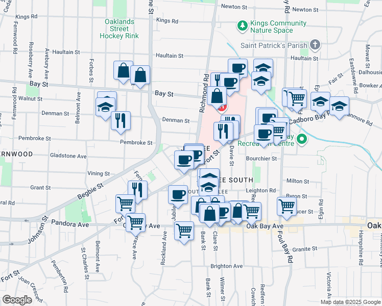 map of restaurants, bars, coffee shops, grocery stores, and more near 2020 Richmond Road in Victoria
