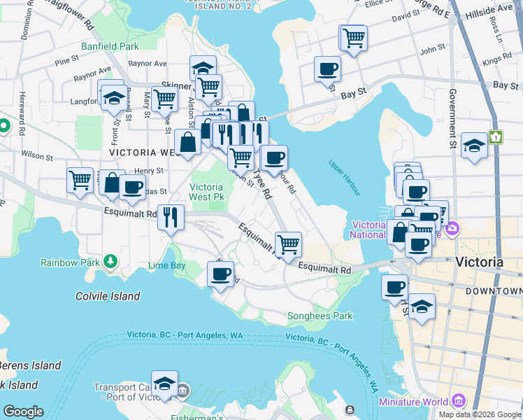 map of restaurants, bars, coffee shops, grocery stores, and more near 103 Wilson Street in Victoria