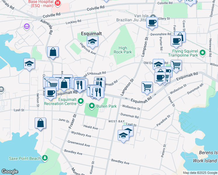 map of restaurants, bars, coffee shops, grocery stores, and more near 625 Fernhill Road in Victoria