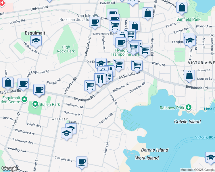 map of restaurants, bars, coffee shops, grocery stores, and more near 899 Esquimalt Road East in Victoria