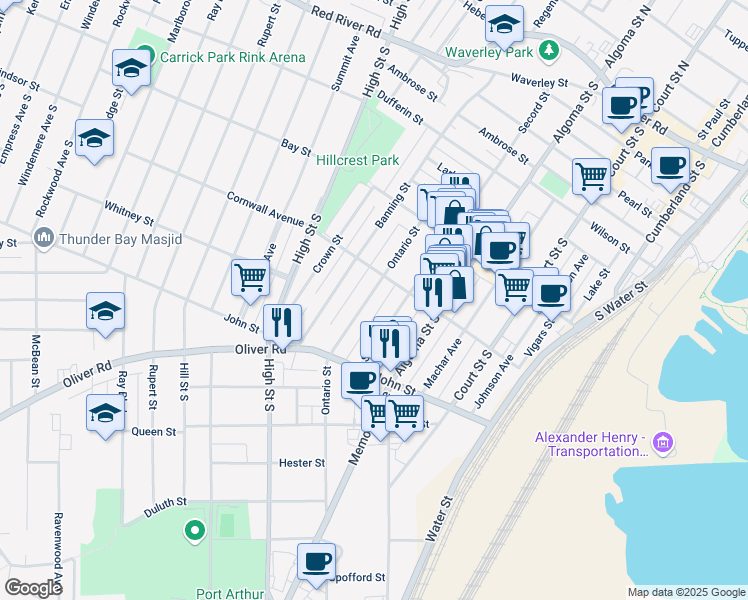 map of restaurants, bars, coffee shops, grocery stores, and more near 67 Ontario Street in Thunder Bay
