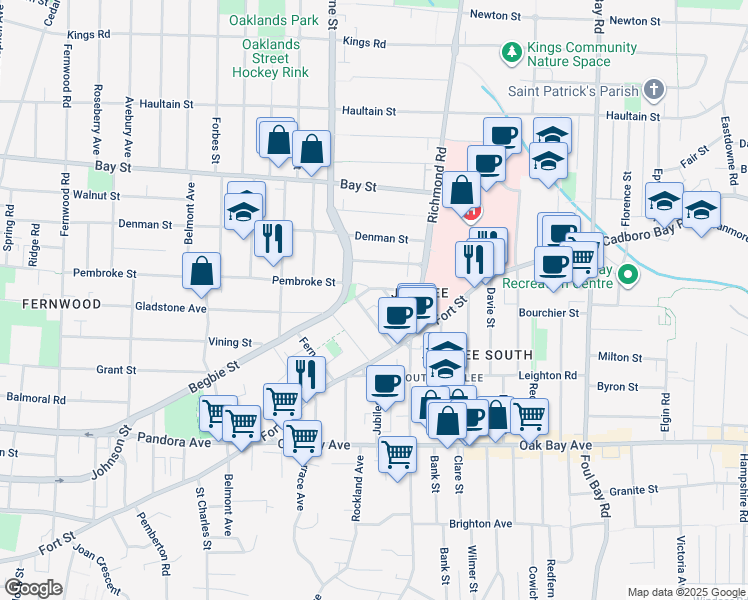 map of restaurants, bars, coffee shops, grocery stores, and more near 1955 Ashgrove Street in Victoria