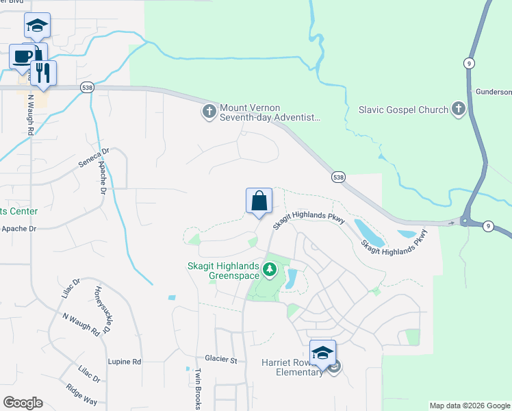 map of restaurants, bars, coffee shops, grocery stores, and more near 935 Clearwater Court in Mount Vernon