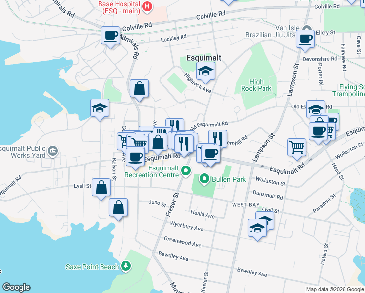map of restaurants, bars, coffee shops, grocery stores, and more near 1200 Esquimalt Road in Victoria