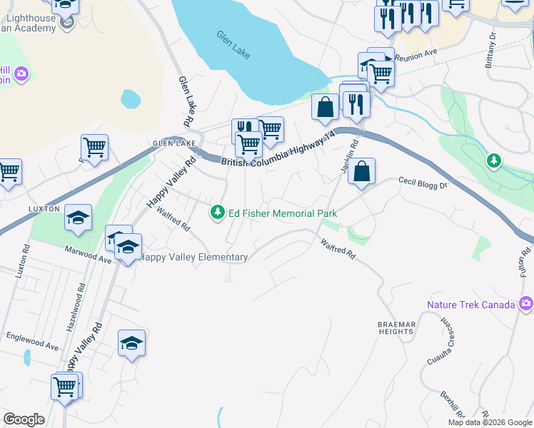 map of restaurants, bars, coffee shops, grocery stores, and more near 2670 Ernhill Place in Victoria