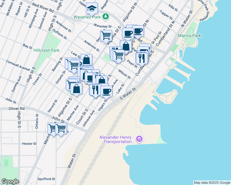 map of restaurants, bars, coffee shops, grocery stores, and more near 32 Lake Street in Thunder Bay