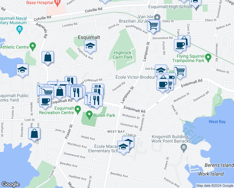 map of restaurants, bars, coffee shops, grocery stores, and more near 1125 Norma Court in Victoria