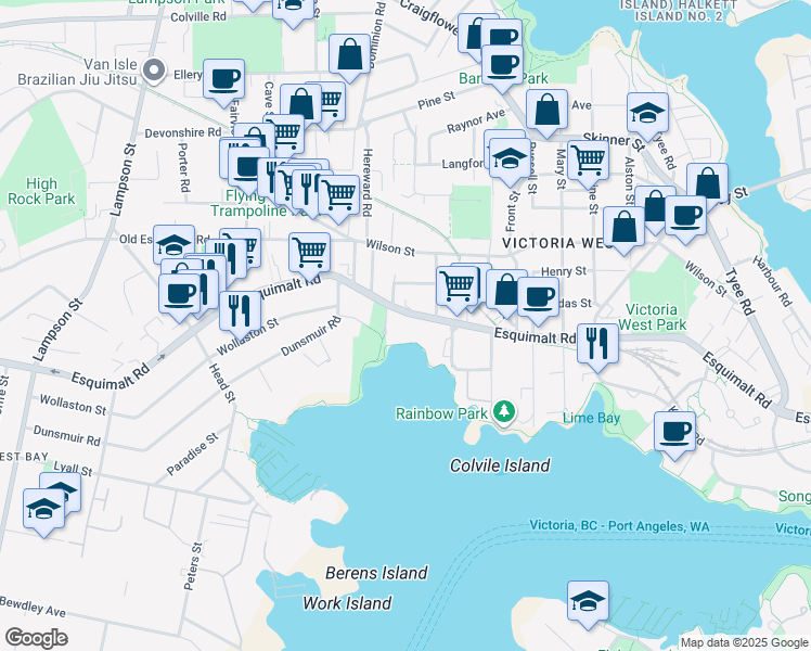 map of restaurants, bars, coffee shops, grocery stores, and more near 707 Esquimalt Road in Victoria
