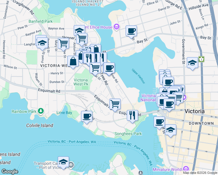 map of restaurants, bars, coffee shops, grocery stores, and more near in Victoria