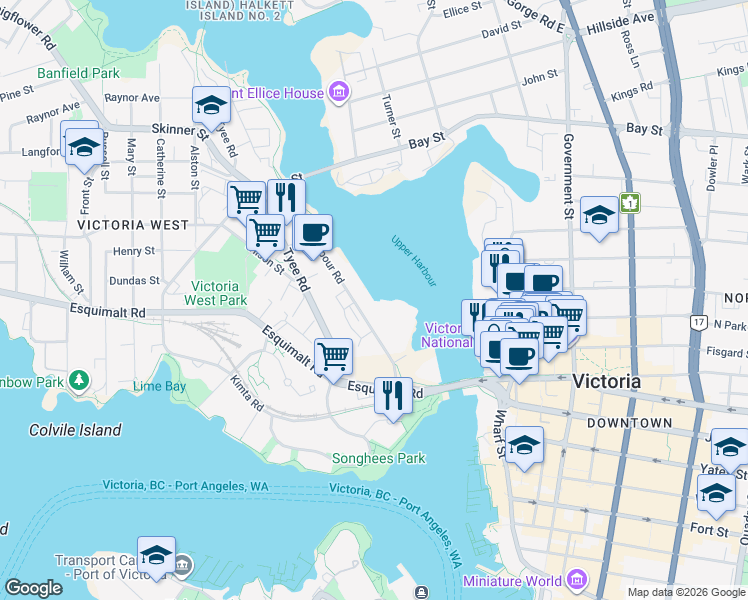 map of restaurants, bars, coffee shops, grocery stores, and more near 335 Harbour Road in Victoria