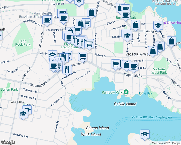map of restaurants, bars, coffee shops, grocery stores, and more near 734 Sea Terrace in Victoria